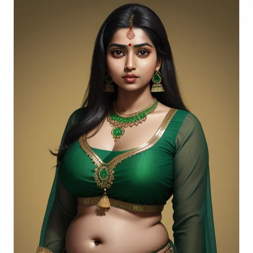 a woman in a green sari with a gold necklace and earrings on her belly and a green blouse, by Raja Ravi Varma