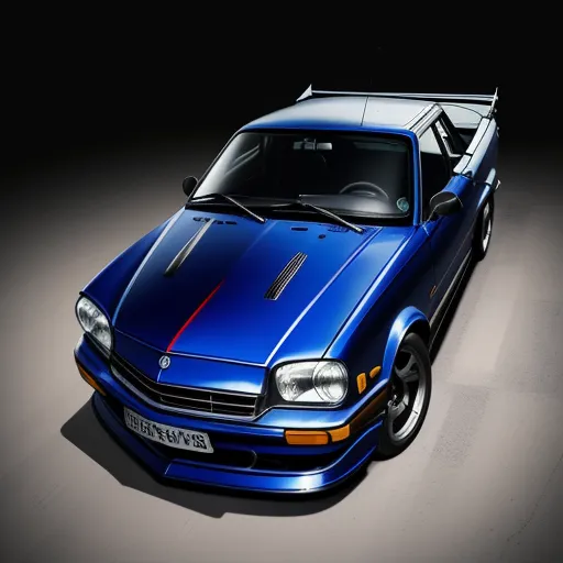 a blue car with a red stripe on the hood and hood up, parked in a dark room with a black background, by Akira Toriyama