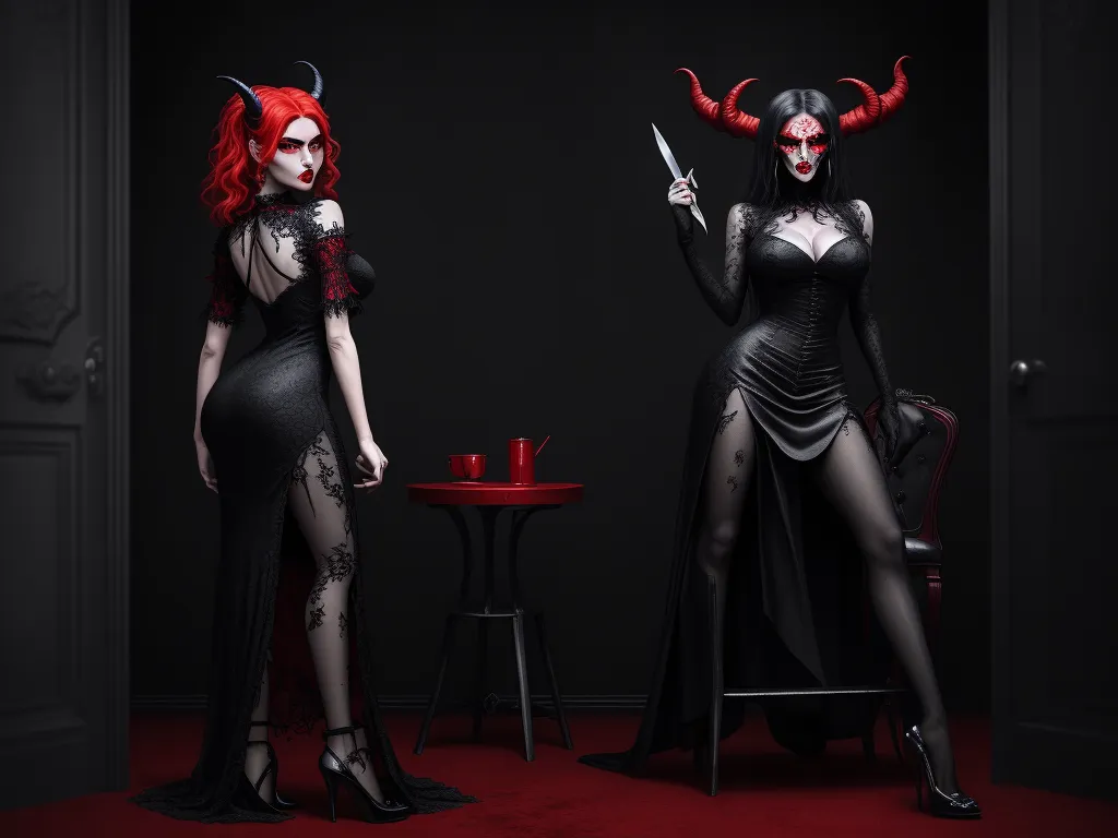 4k photo converter online - two women dressed in devilish outfits with horns and horns on their heads, one holding a knife and the other holding a cup, by Bella Kotak