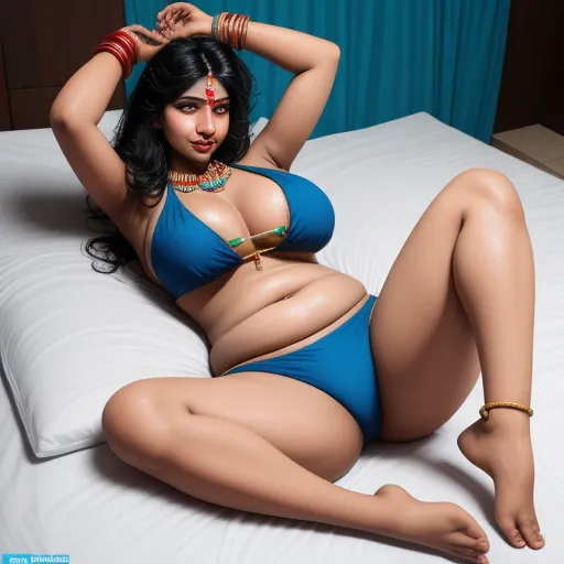 ai image generator online - a woman in a blue bikini laying on a bed with her hands on her head and her legs behind her head, by Botero