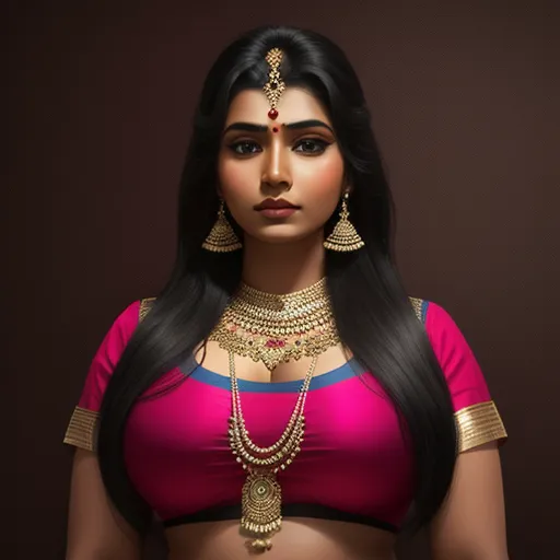 best image ai - a woman in a pink and blue sari with gold jewelry on her neck and chest, with a brown background, by Raja Ravi Varma