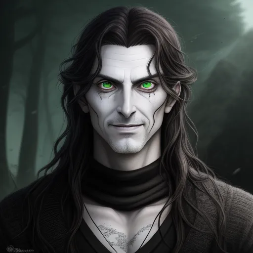 a man with green eyes and long hair in a forest with trees in the background and a dark green background, by Lois van Baarle