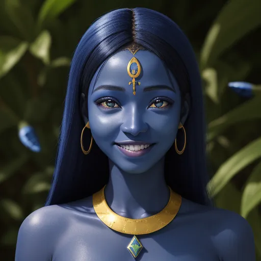 ai-generated images - a blue avatar with a gold necklace and earrings on her head and a blue body with a gold necklace on her neck, by Pixar Concept Artists