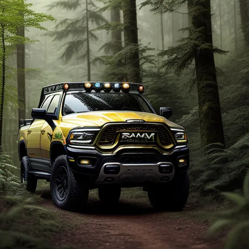 a yellow ram truck driving through a forest filled with trees and tall grass, with lights on the top of the truck, by Hendrick van Balen