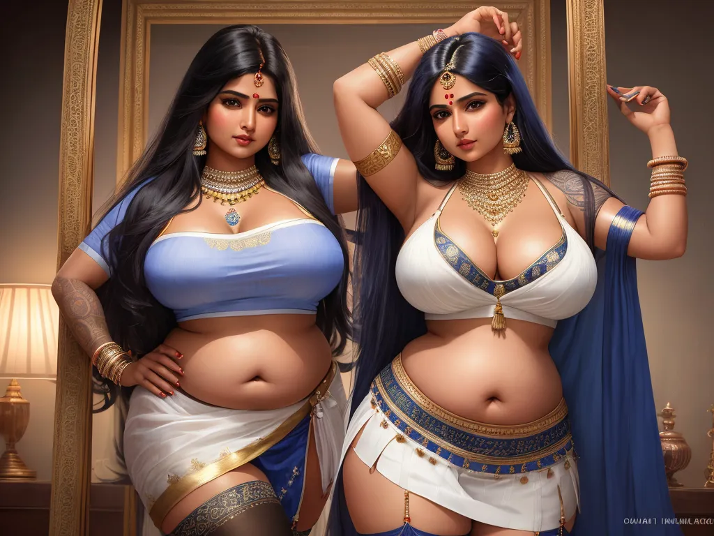 word to image generator ai - two women in costumes posing for a picture together in a room with a mirror and a lamp on the wall, by Raja Ravi Varma