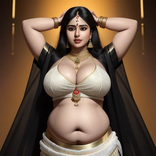 a woman in a belly ring and a bra top with a black cape over her head and a gold necklace, by Raja Ravi Varma