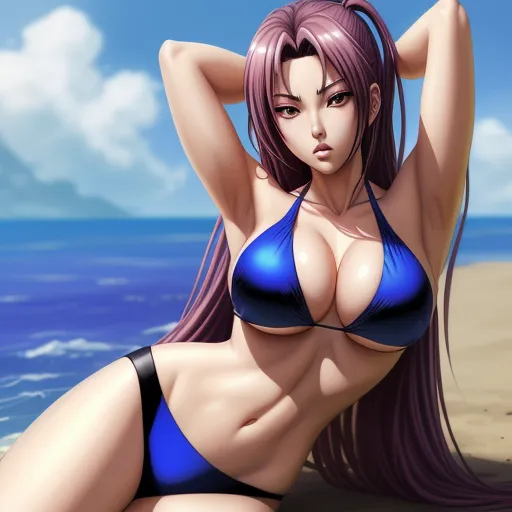 word to image generator ai - a cartoon of a woman in a bikini on the beach with her hair blowing in the wind and her eyes closed, by Toei Animations