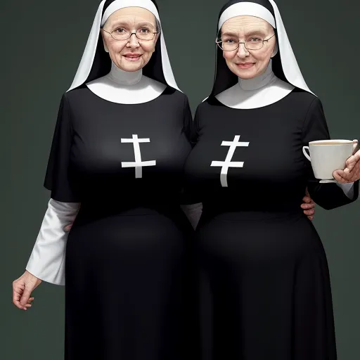 ai based photo enhancer - two women in nun costumes holding a cup of coffee and a mug of coffee in their hands, both wearing black, by Julie Blackmon