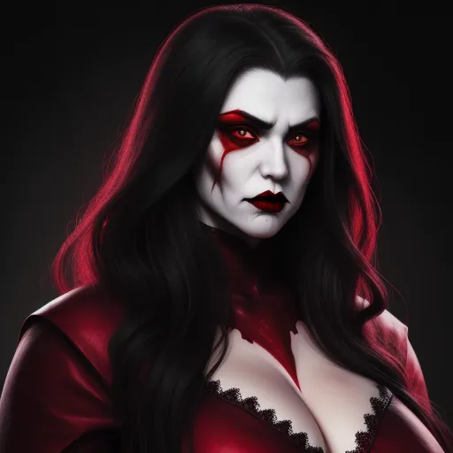 word to image generator ai - a woman with red makeup and blood on her face and chest, wearing a red dress and black gloves, by Antonio J. Manzanedo