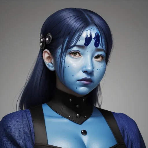 ai create image from text - a woman with blue makeup and black hair with a blue body paint and black hair with a black collar, by Terada Katsuya