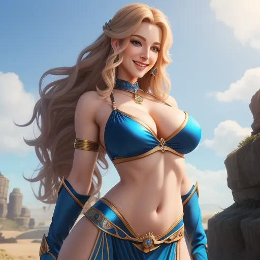 a woman in a blue bikini and gold jewelry standing in a desert area with a sky background and a stone pillar, by Akira Toriyama