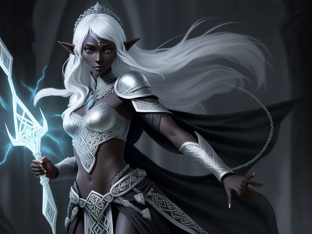 1920x1080 pixel art: 1 solo female drow elf cleric, black skin, full