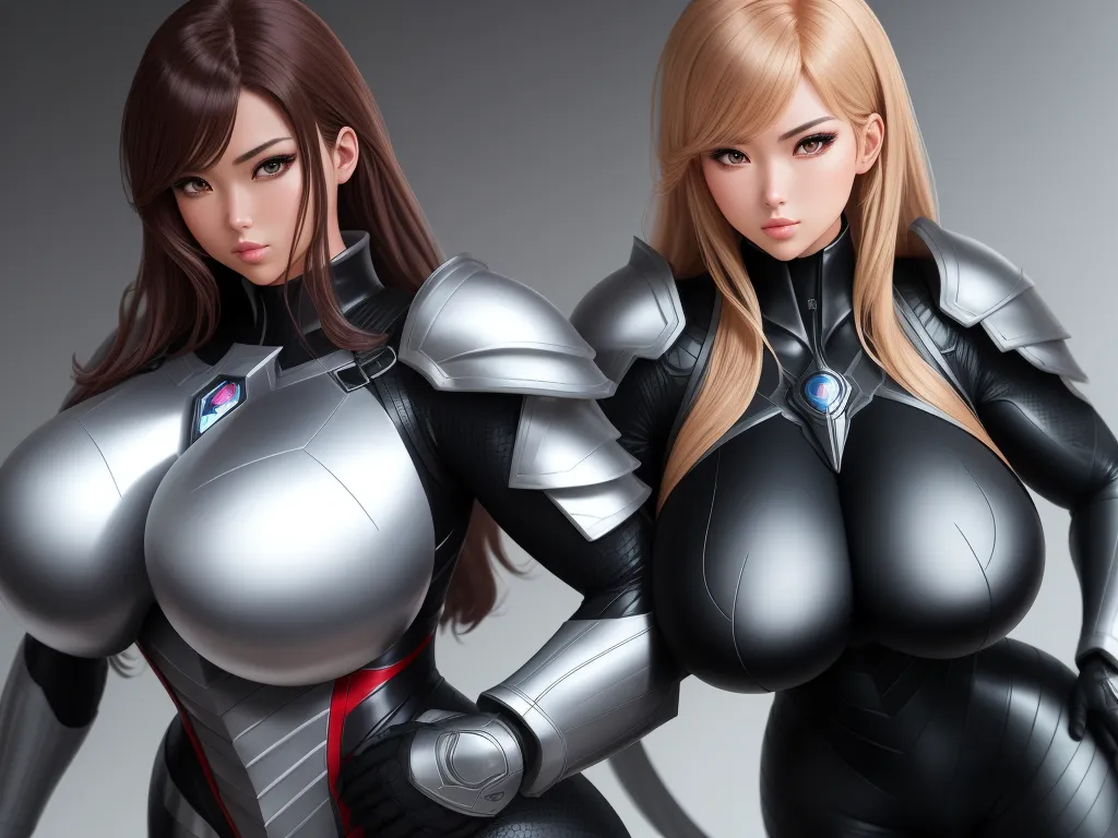 two women in futuristic suits posing for a picture together, both wearing large breasted breasts and large breasts, by Terada Katsuya
