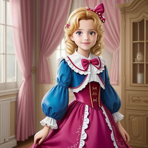 ai generated images from text - a painting of a little girl in a pink dress with a bow on her head and a pink dress with a blue and white collar, by Toei Animations