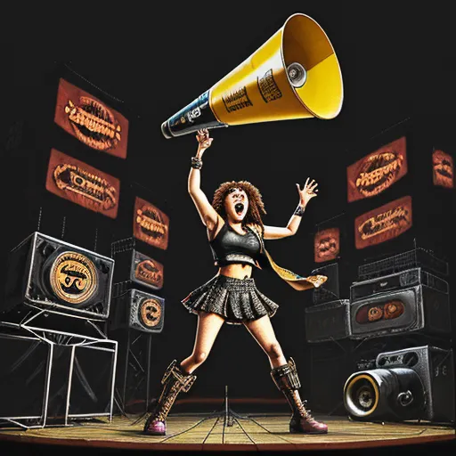a woman in a skirt and boots holding a megaphone in front of a stage with speakers and banners, by Patrice Murciano