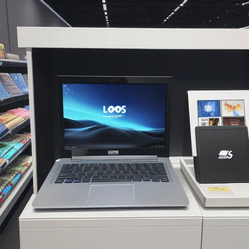 a laptop computer sitting on top of a white counter in a store next to a small box of books, by Hendrik van Steenwijk I