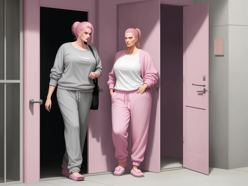 ai text to picture generator - two women standing in a pink room with doors open and one woman in a grey top and pink pants, by Richard McGuire