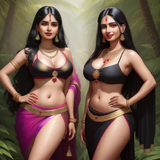 ai image generator names - two women in bikinis standing next to each other in a jungle setting with a backdrop of palm trees, by Raja Ravi Varma