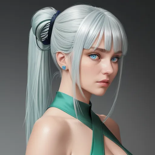 increase resolution of photo - a woman with a ponytail and a ponytail with a ponytail is wearing a green dress and a ponytail with a blue eye, by Hirohiko Araki
