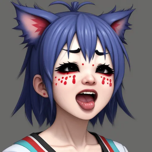 free high resolution images - a cartoon character with blue hair and red eyes with blood on her face and nose, with a cat ears and nose ring, by Daniela Uhlig