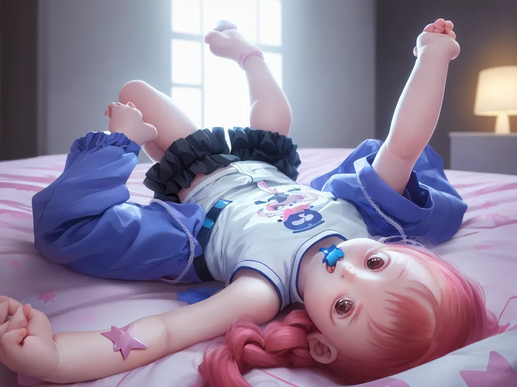 convert photo to 4k - a baby doll laying on a bed with a pink hair and blue outfit on it's body and a pink hair, by Lois van Baarle