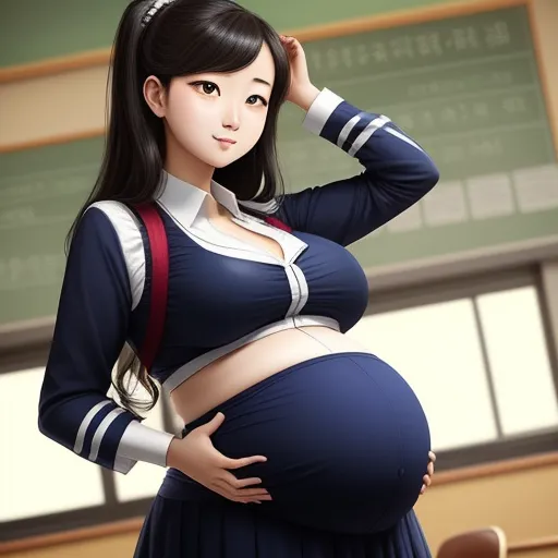 ai that generates images - a pregnant woman in a sailor outfit poses for a picture in a classroom with a chalkboard in the background, by Akira Toriyama