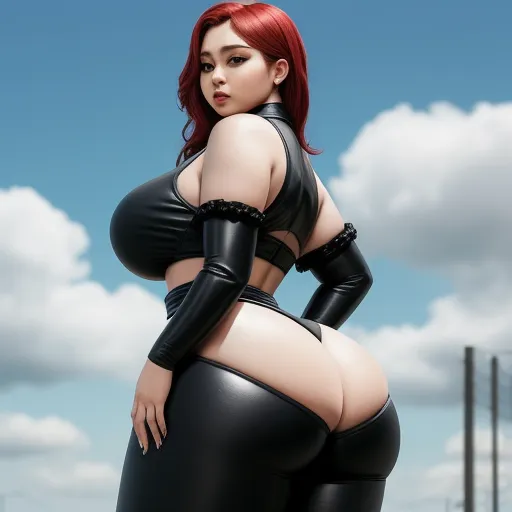 text-to-image ai - a woman in a black leather outfit posing for a picture with her hands on her hips and her butt exposed, by Terada Katsuya