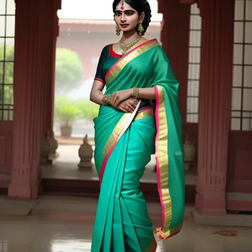 a woman in a green and gold sari with a red border on her neck and a green blouse on her shoulders, by Raja Ravi Varma