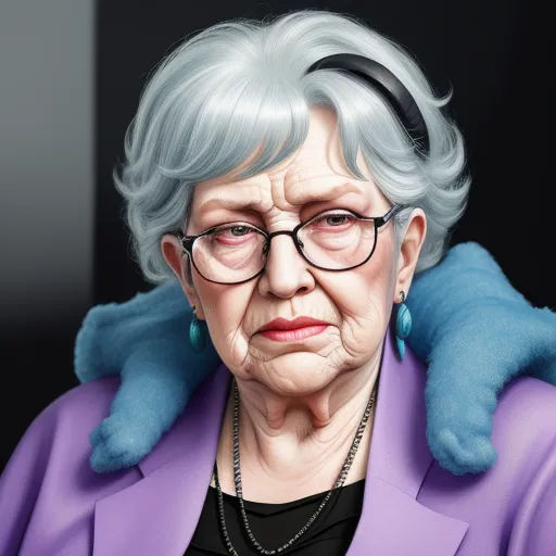 ultra high resolution images free - a woman with glasses and a purple jacket is wearing a blue scarf and a black necklace and a blue jacket, by Gottfried Helnwein