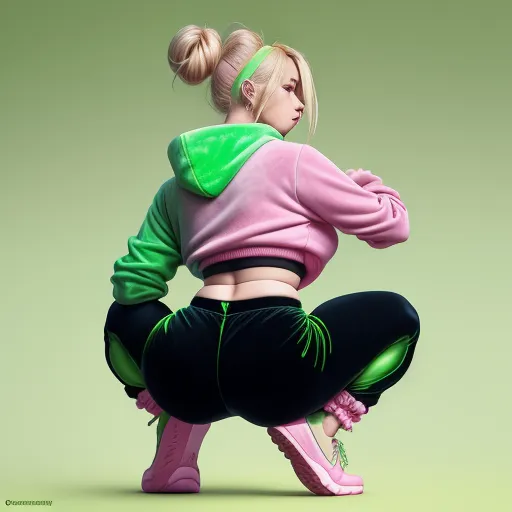 a woman in a pink and green sweatshirt and black pants is doing a squat exercise with her hands on her hips, by Lois van Baarle
