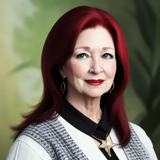 a woman with red hair and a black shirt and a white vest and a green background with leaves and a gold star, by Billie Waters