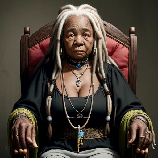 inch to pixel converter - a woman with dreadlocks sitting in a chair with a necklace on her neck and a necklace on her neck, by Amandine Van Ray