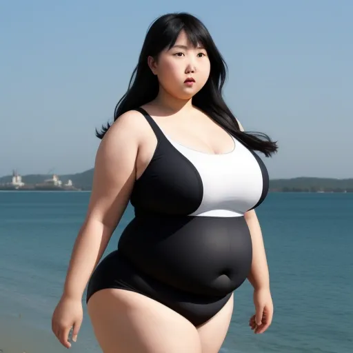 a woman in a black and white swimsuit standing on a beach next to the ocean with her belly exposed, by Terada Katsuya