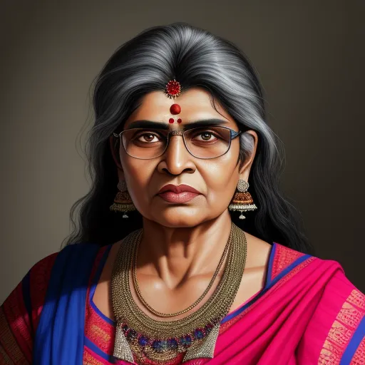 a woman with glasses and a necklace on her neck and a red shirt on her chest and a black background, by Raja Ravi Varma