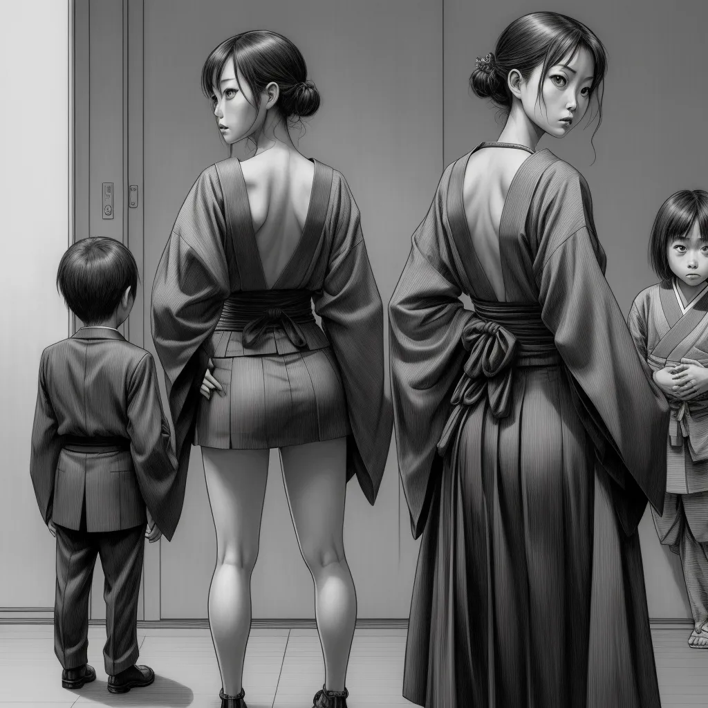 low quality photos - a woman and two children are standing in a room with a door and a door way behind them, and a woman in a kimono is standing in a kimono, by Nicolas Delort