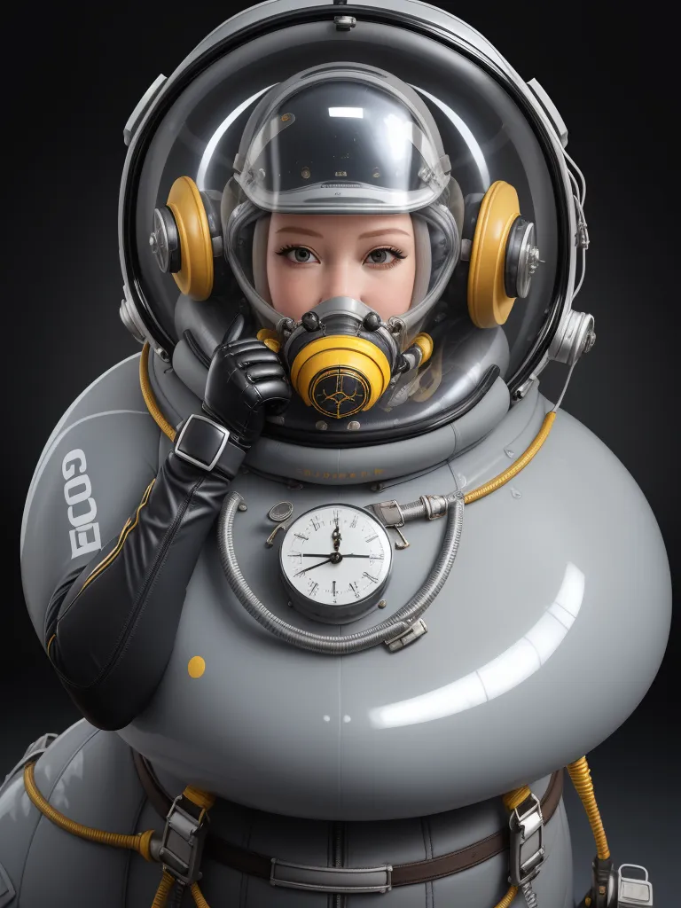 4k resolution converter picture - a woman in a diving suit with a clock on her chest and a gas mask on her head, with a clock in her hand, by Terada Katsuya