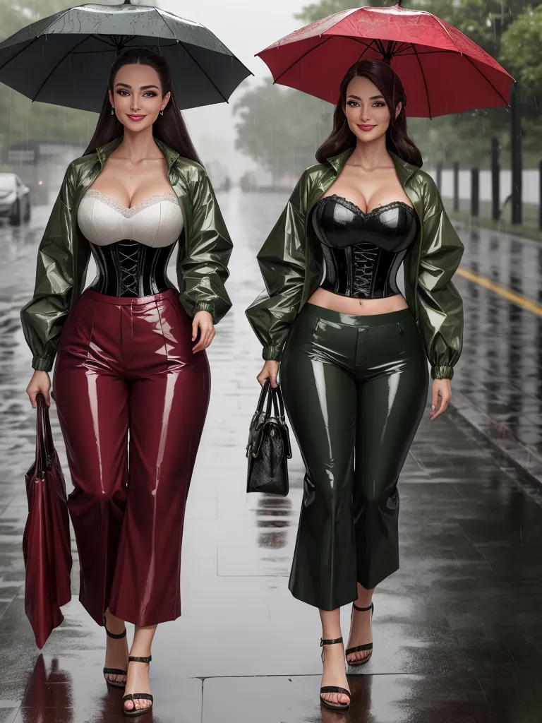 4k to 1080p photo converter - two women in leather outfits holding umbrellas in the rain, one of them is wearing a bra and the other is wearing a corset, by Chen Daofu