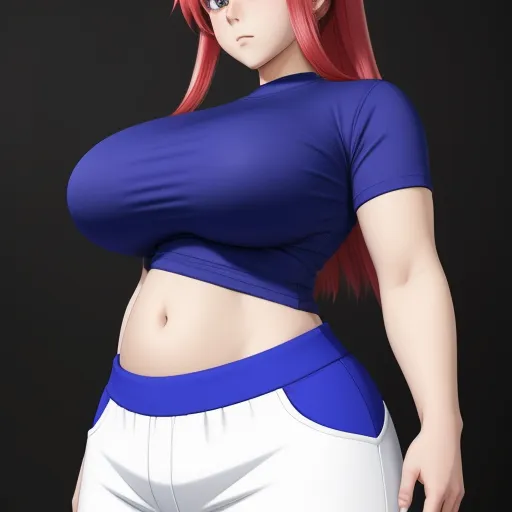 a woman with red hair and a blue top is posing for a picture in a pose with her hands on her hips, by Toei Animations