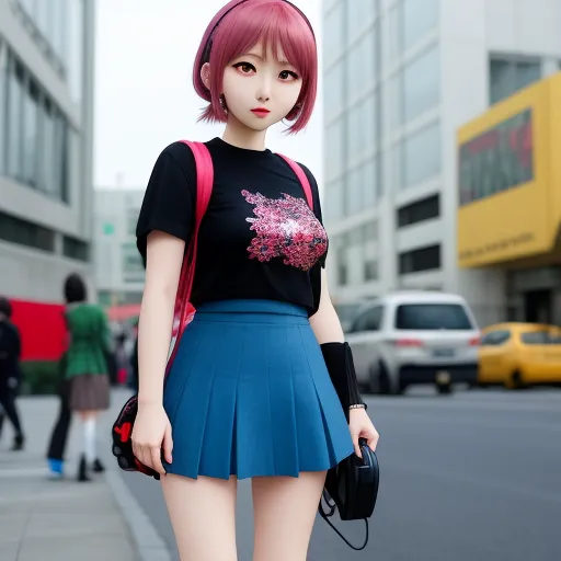 a woman with pink hair and a black shirt and a blue skirt and purse is standing on a city street, by Sailor Moon