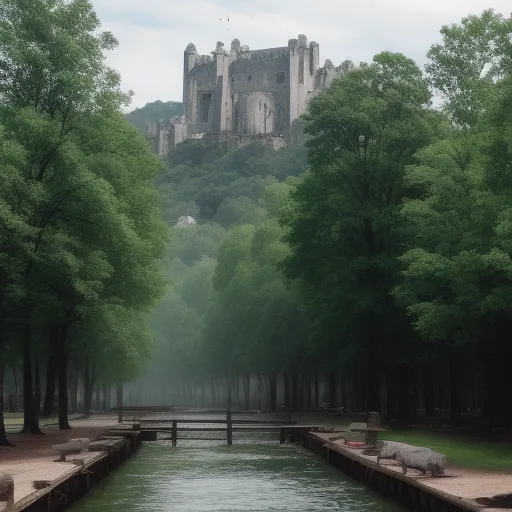 a castle is in the background of a river and trees in the foreground, with benches on the bank, by Hervé Guibert