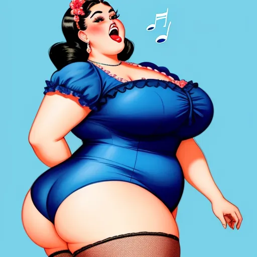 low quality picture - a woman in a blue dress with a musical note above her head and a blue background with a blue background, by Hanna-Barbera