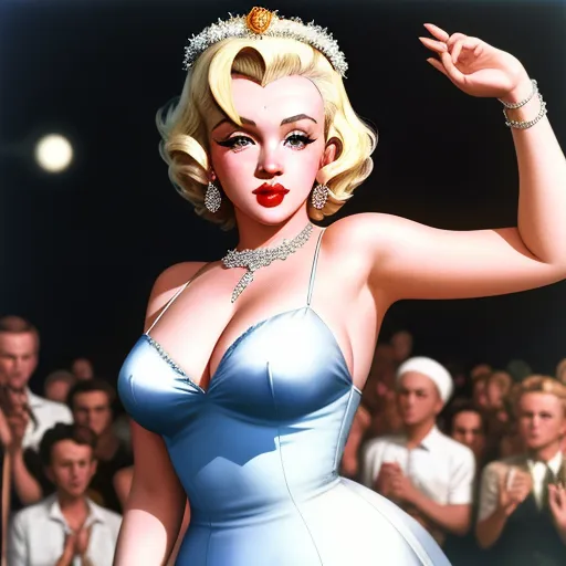 a woman in a blue dress is standing in front of a crowd of people wearing jewelry and a tiara, by Alberto Vargas