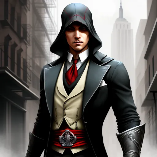 a man in a suit and tie standing in a city street with a red tie on his waist and a hood on, by François Quesnel