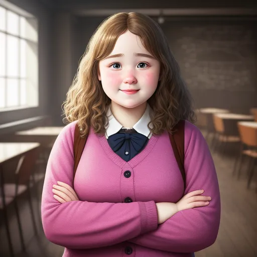 4k converter photo - a girl with a pink sweater and a bow tie is posing for a picture in a classroom with a chalkboard in the background, by NHK Animation