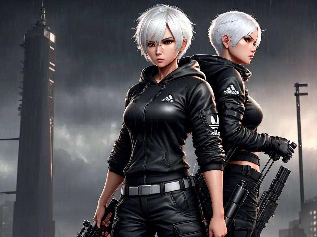 image high - two women in black outfits holding guns in a city at night with a dark sky behind them and a dark background, by Chen Daofu