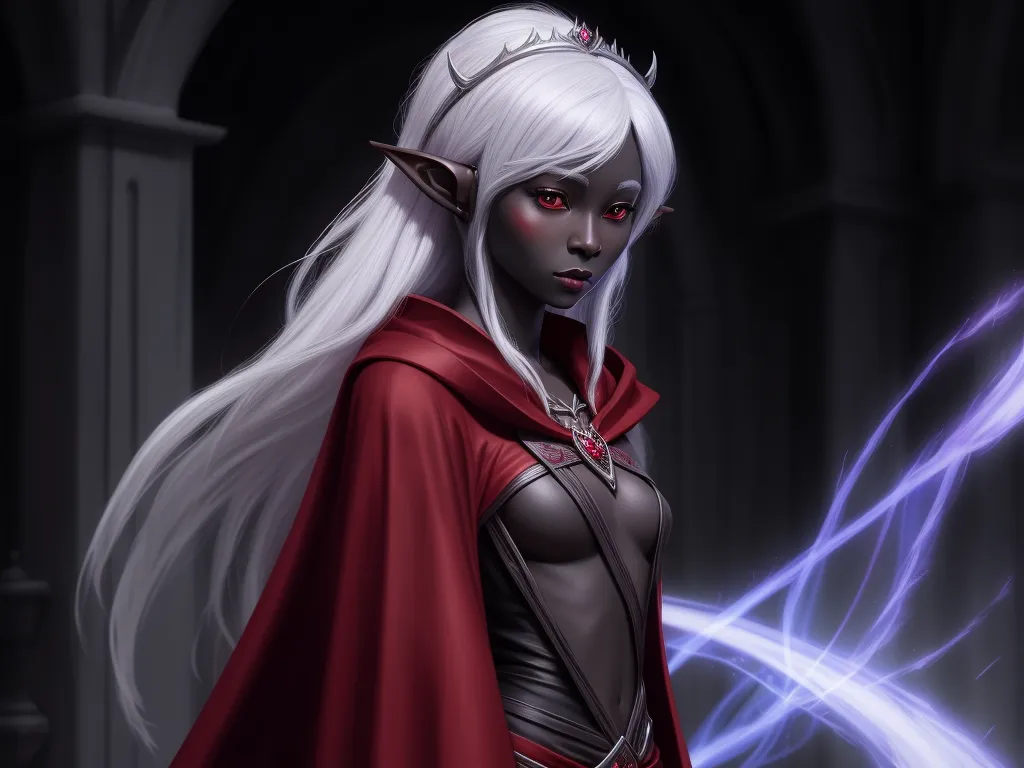 turn image to hd - a woman with white hair and a red cape is standing in a dark room with a blue light behind her, by Lois van Baarle