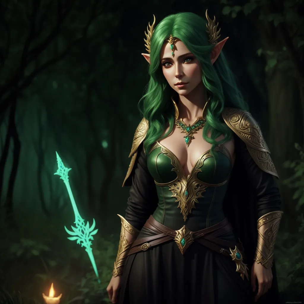 hd quality photo - a woman with green hair and a green sword in a forest with a candle in her hand and a green hair, by Antonio J. Manzanedo