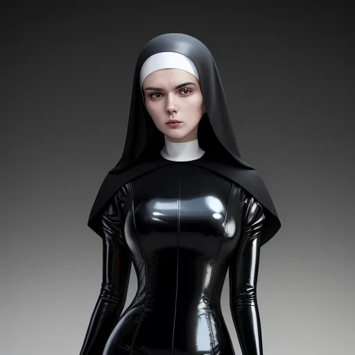 a woman in a black latex outfit with a nun headpiece on her head and a nun's head, by François Quesnel
