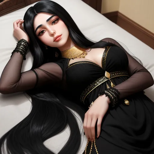 a woman in a black dress laying on a bed with long hair and jewelry on her neck and arm, by Chen Daofu