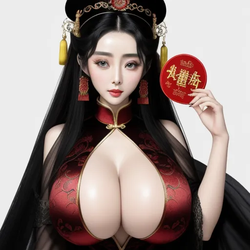 a woman in a chinese costume holding a fan with chinese characters on it's sides and a chinese character on her chest, by Chen Daofu